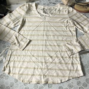 Sonoma XS The Everyday Tee White Gold Striped Long Sleeve V Neck T Shirt